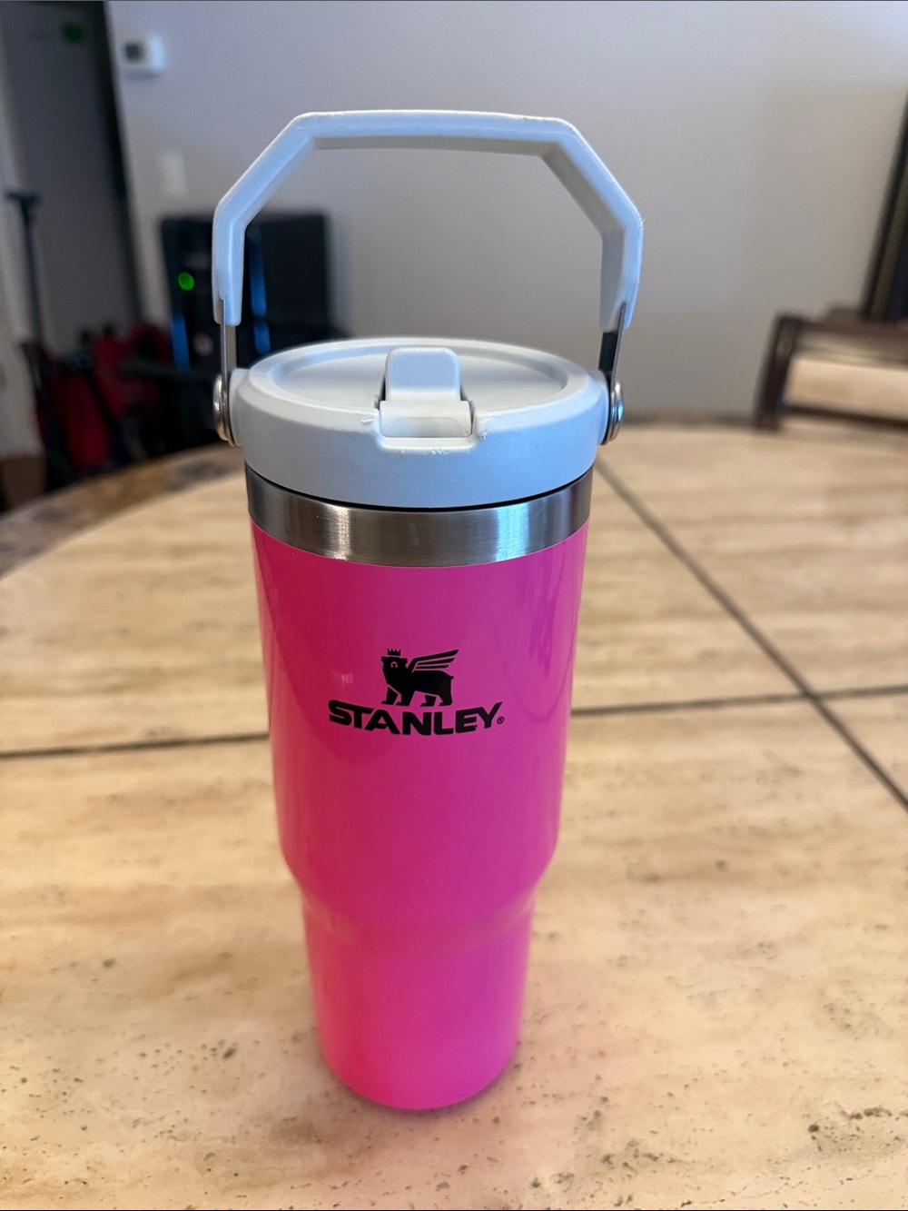 Stanley Hot Pink Travel Mug with White Handle and Lid